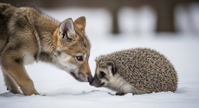 Curious wolf pup and hedgehog face each other in snowy landscape with blurred trees.
