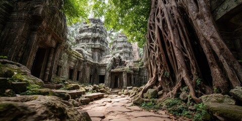A dramatic, low-angle photograph captures the imposing Angkor temple complex in Cambodia, partially enveloped by lush vegetation. Ancient stone structures rise from a pathway strewn with rocks 