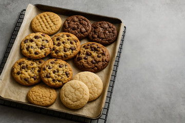 A delicious display of assorted freshly baked cookies, including chocolate chip, peanut butter, and double chocolate varieties, on a baking sheet