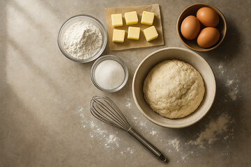 A flat lay of fresh baking ingredients including flour, sugar, eggs, butter, and dough prepared for a homemade recipe moment
