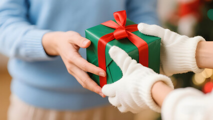Woman holding a small Christmas present box with a red ribbon and bow