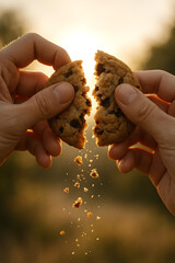 Hands breaking a chocolate chip cookie, crumbs scattering in the warm golden hour light, symbolizing a shared moment of simple joy and connection outdoors
