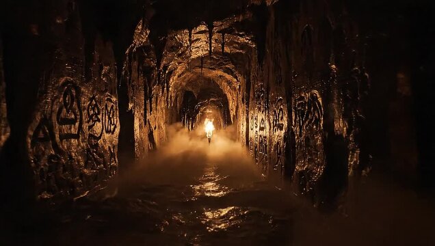 Exploring a mysterious dark underground cave with a distant light.