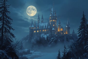 Enchanted Gothic Castle Illuminated by a Full Moon on a Snowy Night.