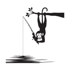 Funny monkey hanging upside down from a tree branch while fishing, vector silhouette illustration.