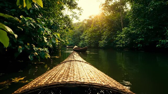 Paddling on Traditional Wicker Boat Through Tropical Jungle River, Kerala Backwaters