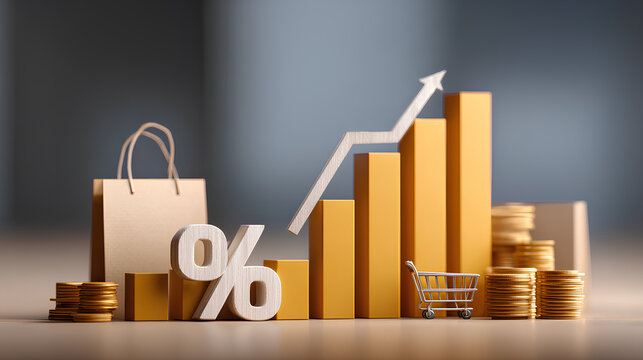 Business graph with percentage, shopping discount and tax adjustment concept, interest rate changes to fight inflation, investment return, and retail sales growth strategy.