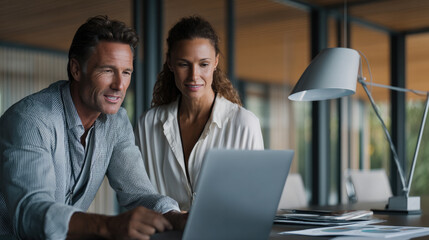 Two business professionals collaborating at modern office desk, working on laptop, focused and engaged in teamwork