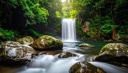 Lush Tropical Waterfall Cascading into Clear Blue Pool Surrounded by Mossy Rocks and Green Foliage with Sunlight Streaming Through