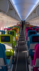 Fototapeta premium Aisle view of an airplane cabin with rows of seats in vibrant, multicolored upholstery and personal entertainment screens