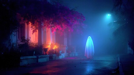 Spooky Halloween Scene: A Ghost in a Foggy Street with House and Vibrant Lighting