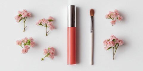 A flat lay composition features a shimmering coral lipstick tube and a small, silver makeup brush arranged on a white surface. Delicate pink flowers, clustered in small bunches, 