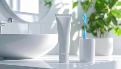 Toothbrush and toothpaste on a bright bathroom counter