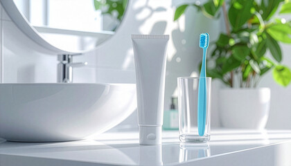 Toothbrush and toothpaste on a bright bathroom counter