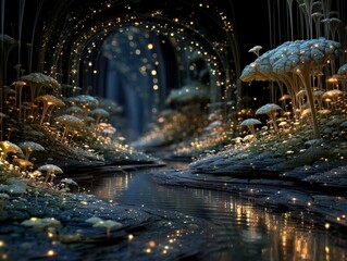 Pearlescent Forest Microscopic Mycelial Networks Photon Communication River Pathway