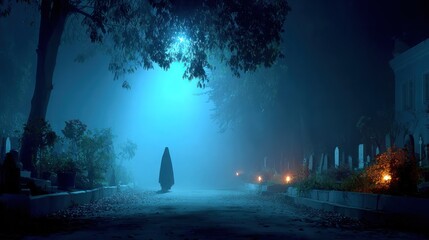 Mysterious Figure in a Foggy Cemetery at Night Creates a Spooky Atmosphere