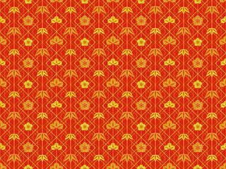 シームレスな赤地に金色の松竹梅模様背景