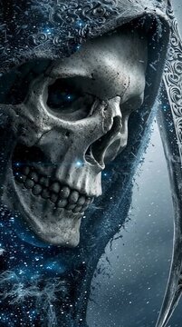 Close-up of a menacing grim reaper with a scythe and blue particles