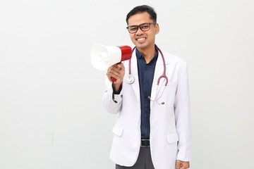 Asian adult male doctor wearing doctor's coat, stethoscope hanging on neck, white background,...