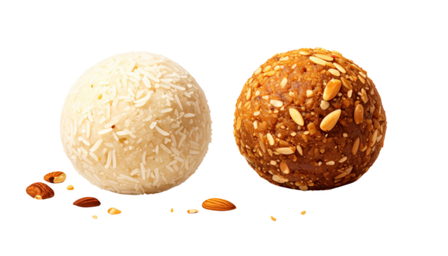 Creative laddu set with unique textures and garnishes, isolated on transparent background