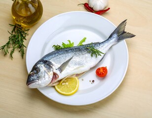 Fresh Dorado Fish on Plate with Lemon and Herbs.