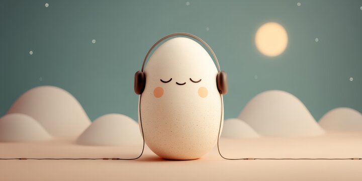 A charming, stylized egg sits peacefully on a sandy surface, wearing headphones and closing its eyes in blissful relaxation. The egg has a cute, cartoonish face with rosy cheeks and a gentle smile. 