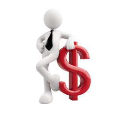 3D Figure Leaning on Red Dollar Sign on Transparent Background