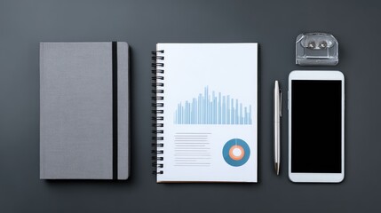 Professional workspace with notebook, pen, smartphone, financial report, and a paper clip on a dark background for business and productivity themes
