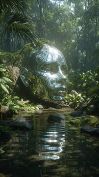 A giant chrome head sculpture in a lush jungle by a pond