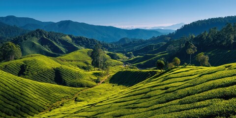 A breathtaking panoramic view showcases a vast, undulating tea plantation nestled within a mountainous landscape. Lush, vibrant green tea bushes cover the rolling hills, 
