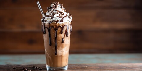 A tall, clear glass filled with a chocolate milkshake is presented against a dark wooden backdrop. The milkshake is layered with a creamy, light brown base, accented by cascading chocolate syrup drips