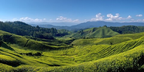 A breathtaking panoramic view showcases a vast, undulating landscape of terraced tea plantations bathed in sunlight. Rolling green hills, meticulously sculpted into stepped rows, 