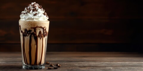 A tall, clear glass filled with a decadent chocolate milkshake is presented against a dark, wooden surface. The milkshake features rich chocolate drizzle cascading down the sides, 