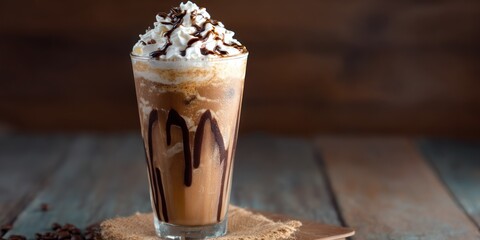 A tall, clear glass filled with a chocolate milkshake is presented against a dark wooden surface. The milkshake is layered with ice cream and chocolate syrup, creating a visually appealing cascade...