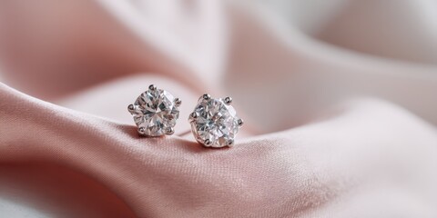 Two sparkling diamond stud earrings rest delicately on a soft, blush-pink silk fabric. The earrings are centered, showcasing their brilliant cut and high shine. The fabric drapes loosely, 