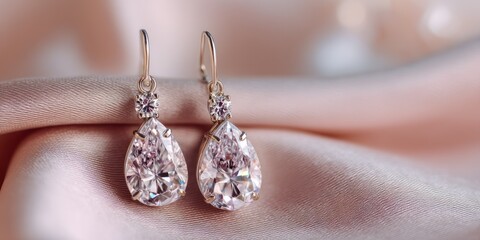 A pair of sparkling gold drop earrings rests delicately on a soft, blush-colored silk fabric. The earrings feature large, pear-shaped cubic zirconia stones that catch the light, 
