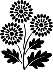 Black and White Stylized Floral Design with Three Flowers and Leaves