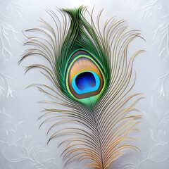 Obraz premium Close-Up of a Vibrant Iridescent Peacock Feather with Detailed Eye Pattern Isolated on a Clean White Background 