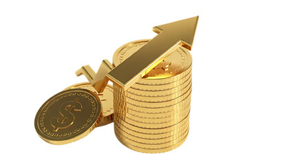 Golden coins stack with arrow up isolated on transparent background
