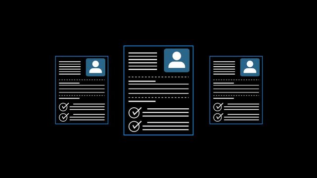 Online checklist templates for HR management concept on the transparent background. Digital recruitment, employee qualifications, and selecting top talent through HR documentation. 4k video animation.