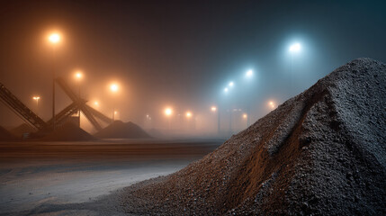 Industrial landscape gravel pile night foggy illuminated by streetlights construction site moody atmosphere outdoor