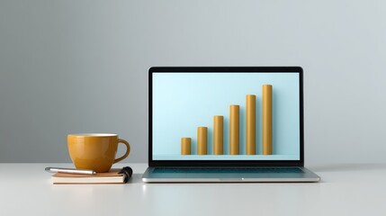Laptop on a desk displaying a growth chart with bars representing data progress, alongside a yellow mug and a notepad for an office environment and productivity theme