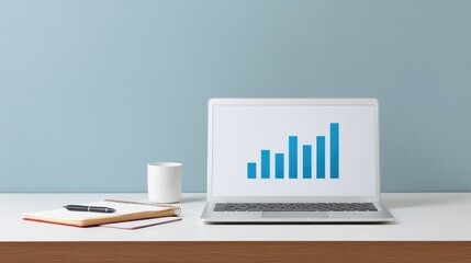 Modern workspace with laptop displaying a growth chart, a notebook and pen, and a coffee cup, conveying productivity and business success