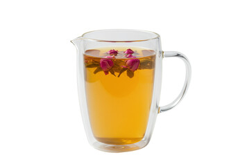 Glass mug with rose tea isolated, transparent double wall cup with herbal beverage and flower buds, healthy drink