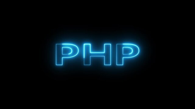 Neon PHP text animation. Neon glowing text on black background.