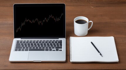 Fototapeta premium Modern workspace setup with laptop, black screen, notepad, pen, and coffee cup, illustrating productivity, planning, and business strategy concepts in a sleek environment.