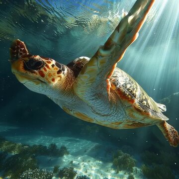 A majestic sea turtle swimming gracefully in sunlit ocean water