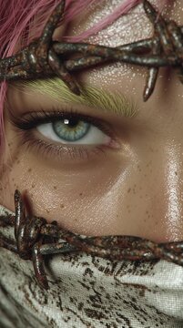 A close-up of an eye with pink hair looking through barbed wire