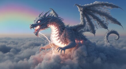 Majestic Dragon Soaring Through Clouds at Sunset with Glowing Eyes.