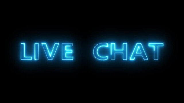 Neon Live chat text animation. Neon glowing text on black background.